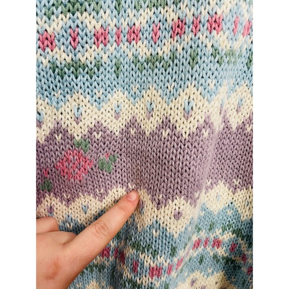 Vintage 90s Mixed Blues Pastel Fair Isle Floral Sweater Cottagecore Grandma M - Picture 3 of 4